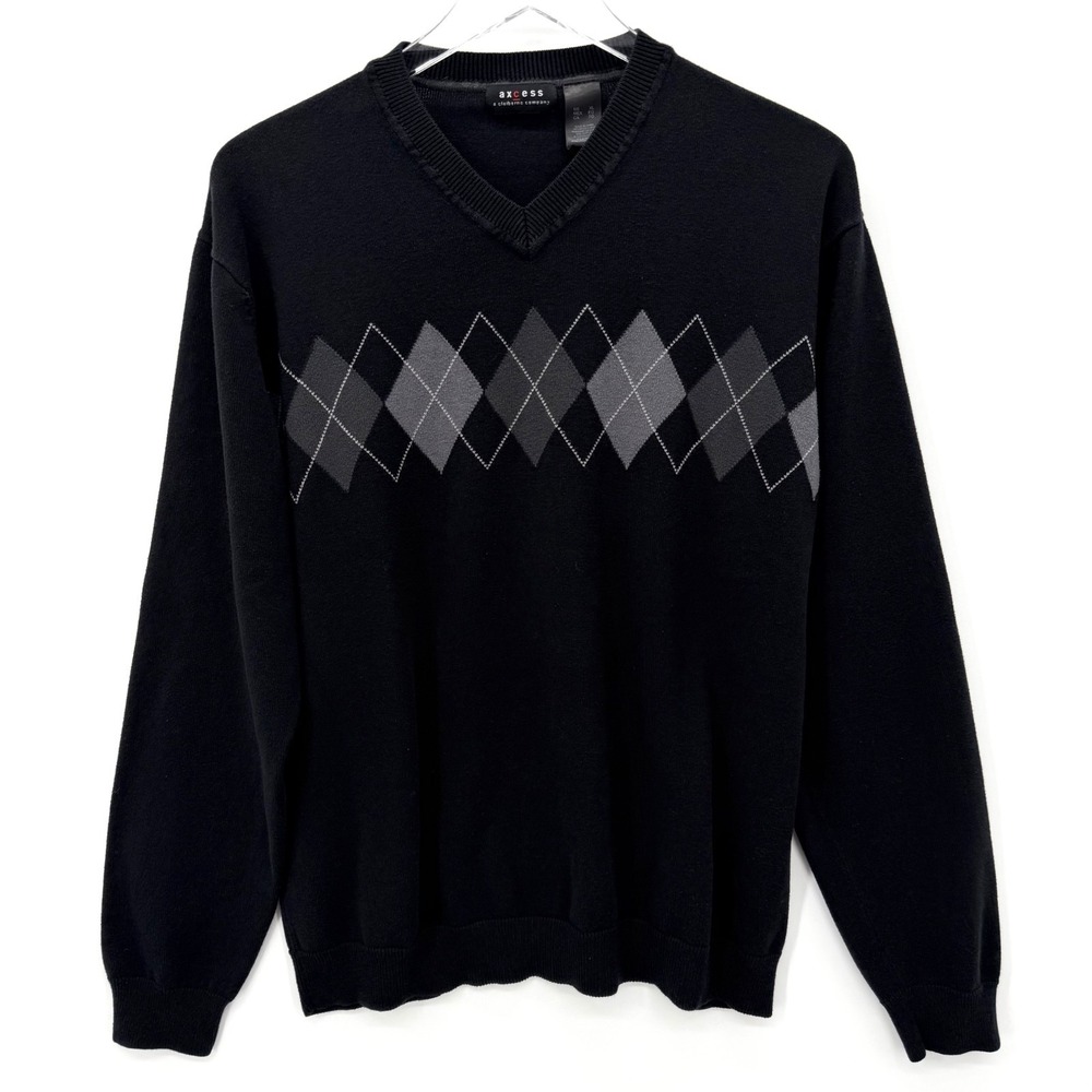 Y2K Argyle Sweater Mens Size XL Skater Preppy Academia Grunge Black V-Neck
